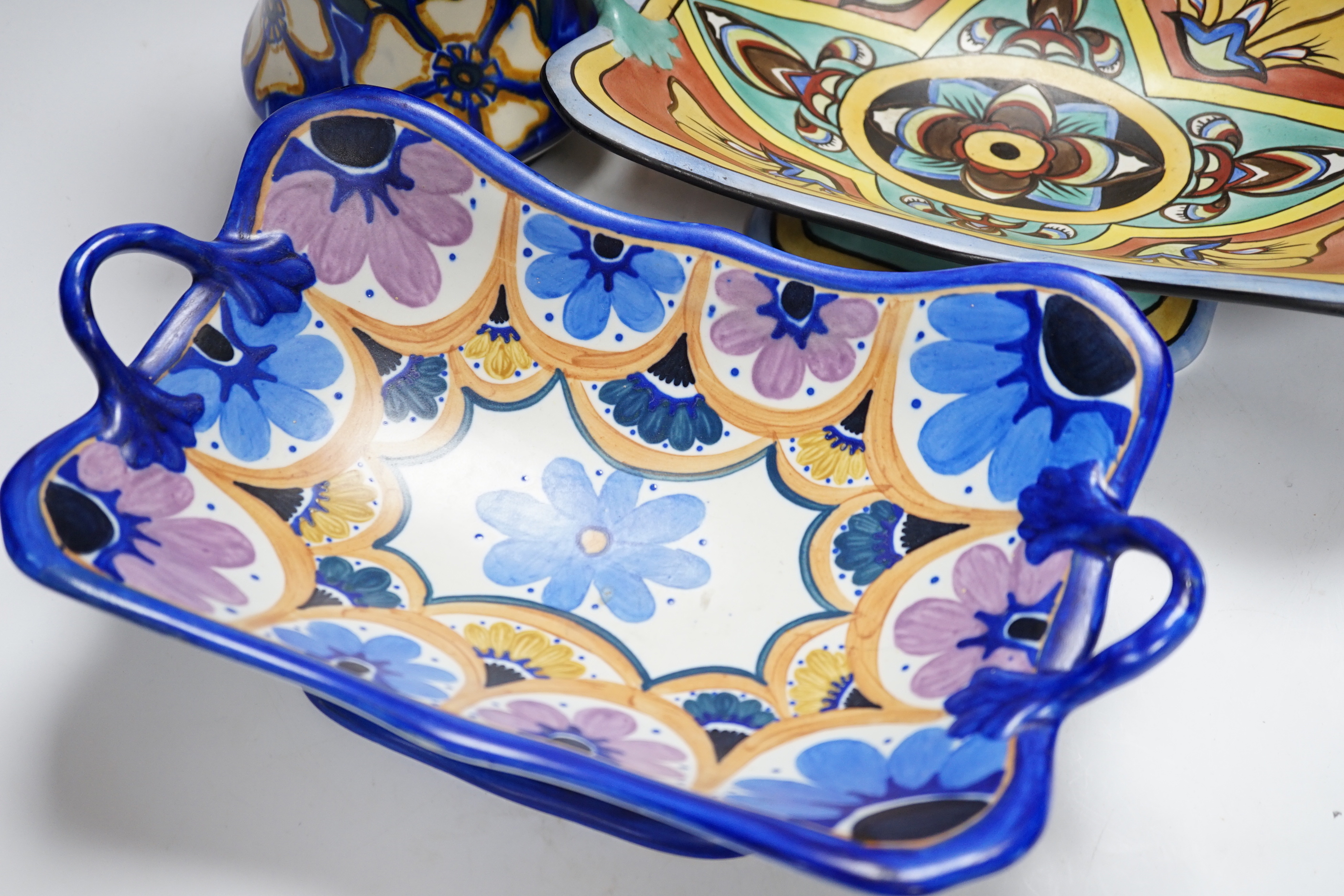 Art Deco ceramics, including two Carltonware dishes, a Shelley plate, and a vase, plate 36cm diameter